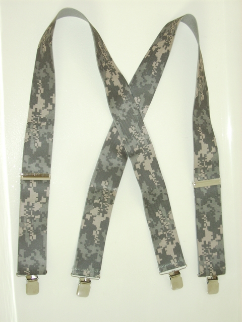 ARMY CAMOUFLAGE Suspenders 1 1/2" wide and 48"long. Dark Green, Lighter Green and Tan.With 2 Length Adjusters And 4 Grips. Entirely Stretchable Hand Washable and Hang to Dry Cotton/Polyester Material. UB220N48DGAR